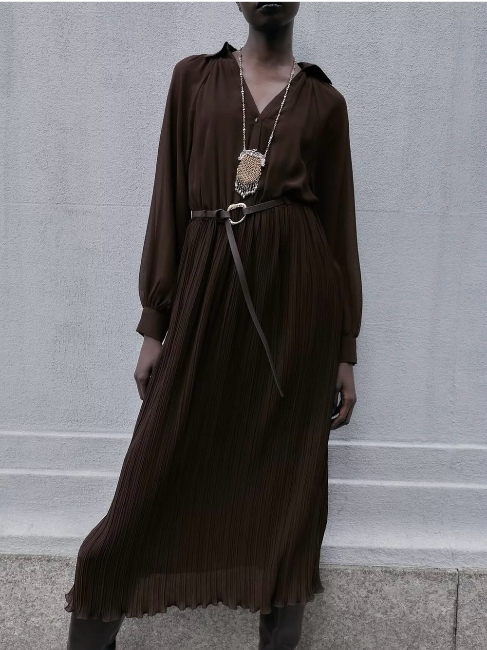 NWT Zara Dark Brown Long-Sleeve Pleated Shirt Dress with Belt